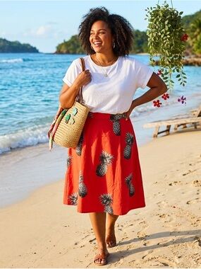 Ann Taylor Women’s A Line Vaca Pineapple Print Cotton Midi Skirt Size 16 Pockets